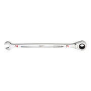Silver ratcheting combination wrench with open end on left, ratchet head on right, and 1/4 inch size markings.