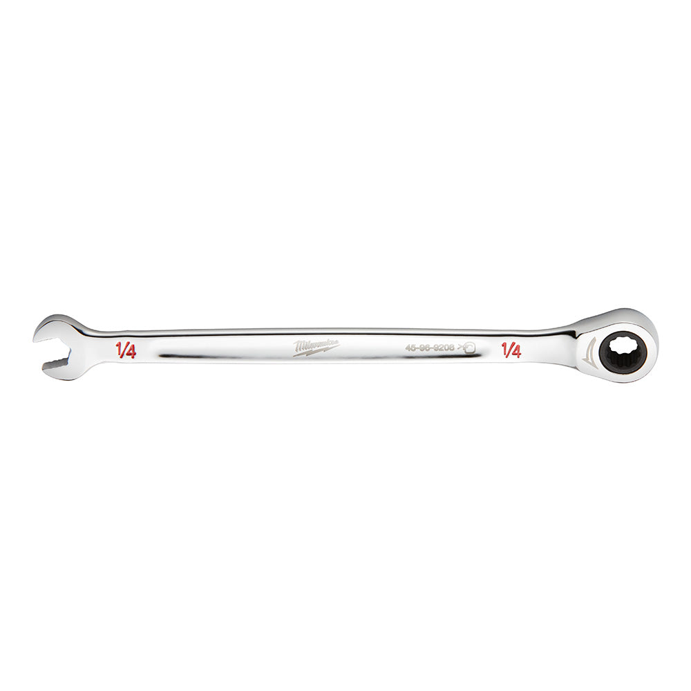 Silver ratcheting combination wrench with open end on left, ratchet head on right, and 1/4 inch size markings.