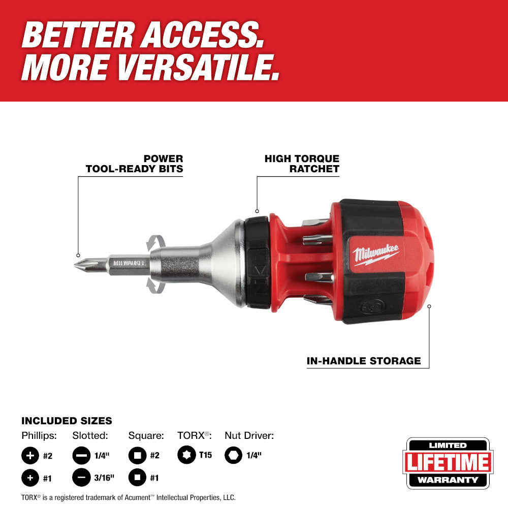 Milwaukee compact ratcheting multi-bit driver with red and black handle, showing included Phillips, slotted, square, TORX, an