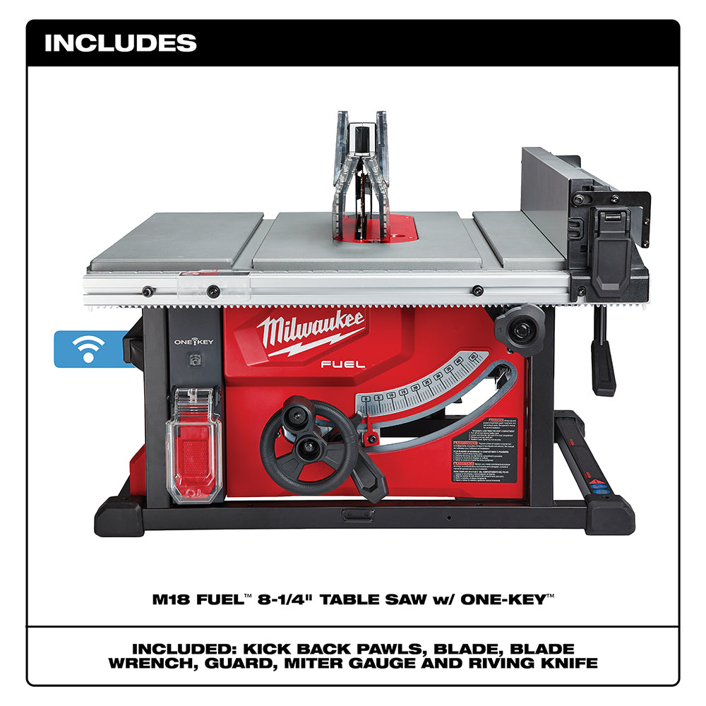 Milwaukee M18 FUEL red and black table saw with gray cutting surface, blade guard, hand wheel, and ONE-KEY wireless module on