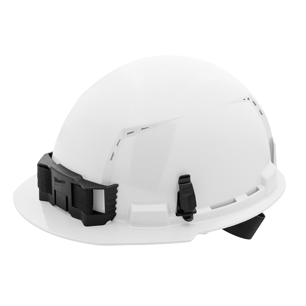 White hard hat with front brim, vented crown, black ratcheting suspension straps, and black chin strap.