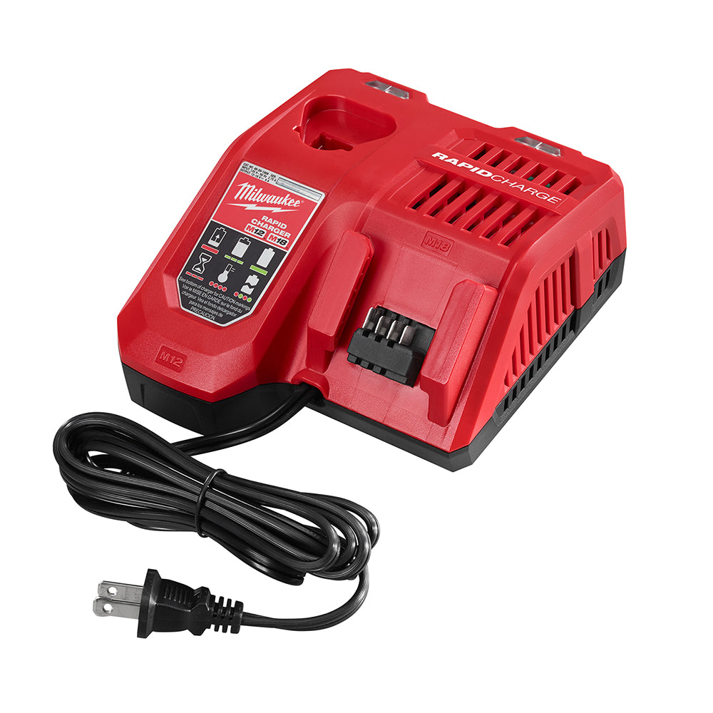 Red Milwaukee rapid charger with dual battery slots, control panel, ventilation ports, and black power cord attached.