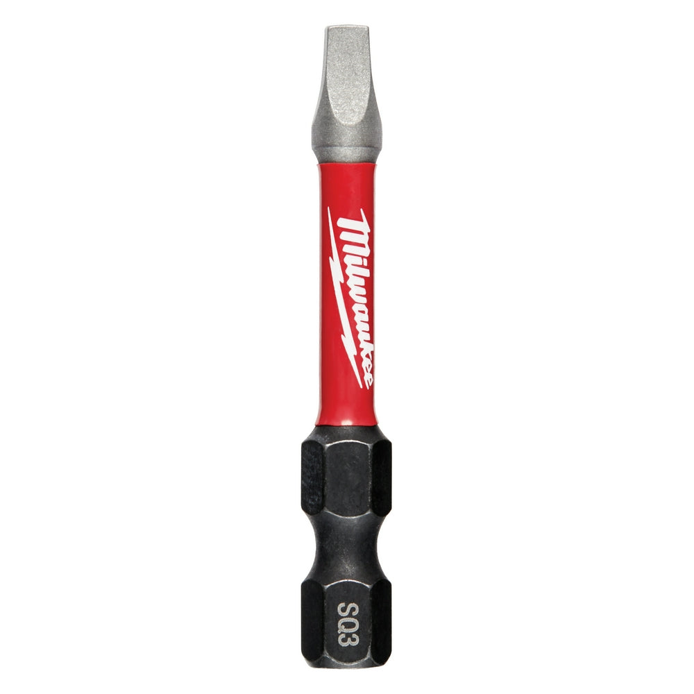 Milwaukee Shockwave impact power bit with red shaft, gray square recess tip, and black hex end labeled "SQ3".