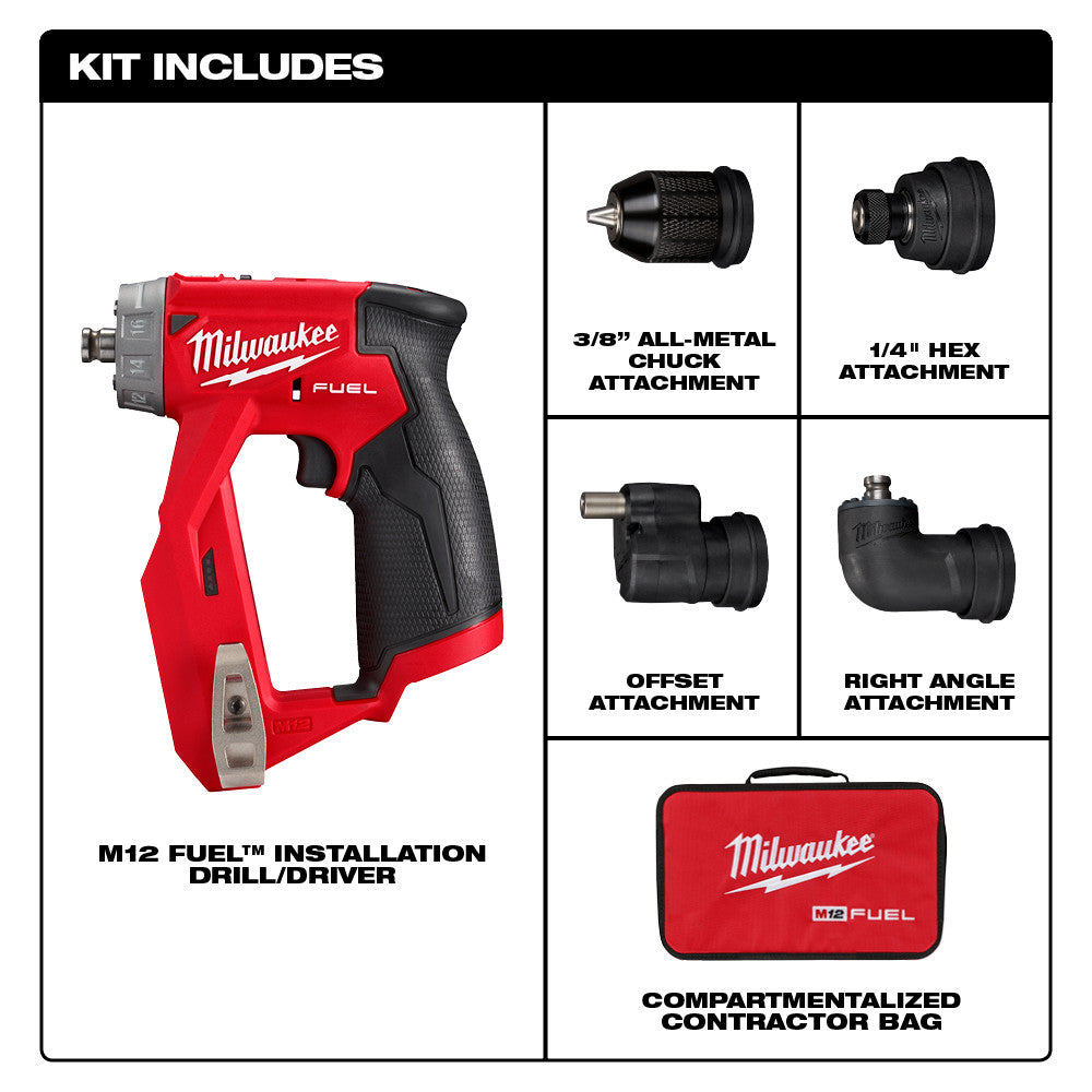 Red and black M12 FUEL drill/driver with interchangeable chuck, hex, offset, and right-angle attachments plus carrying bag.