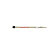 Metal water gate tool with cylindrical head on left end, red band label in center, and angled hook on right end.