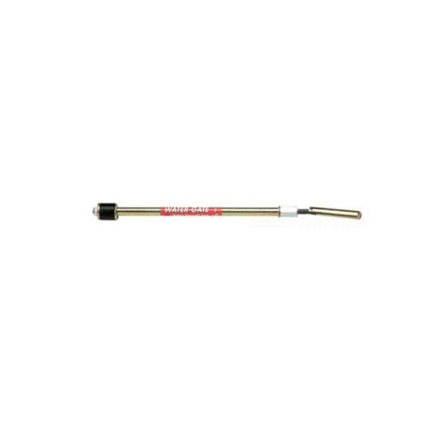 Metal water gate tool with cylindrical head on left end, red band label in center, and angled hook on right end.