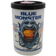 Blue Monster brand cylindrical container with black lid and blue monster face graphic holding orange citrus fruit.
