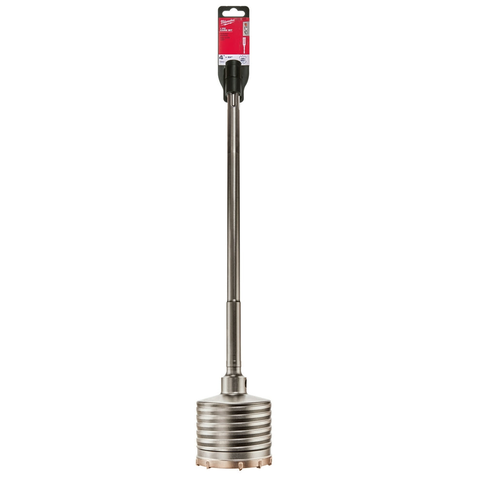 Milwaukee SDS-Max core drill bit with 4 in. diameter, ribbed metal body, and black grip handle in packaging.