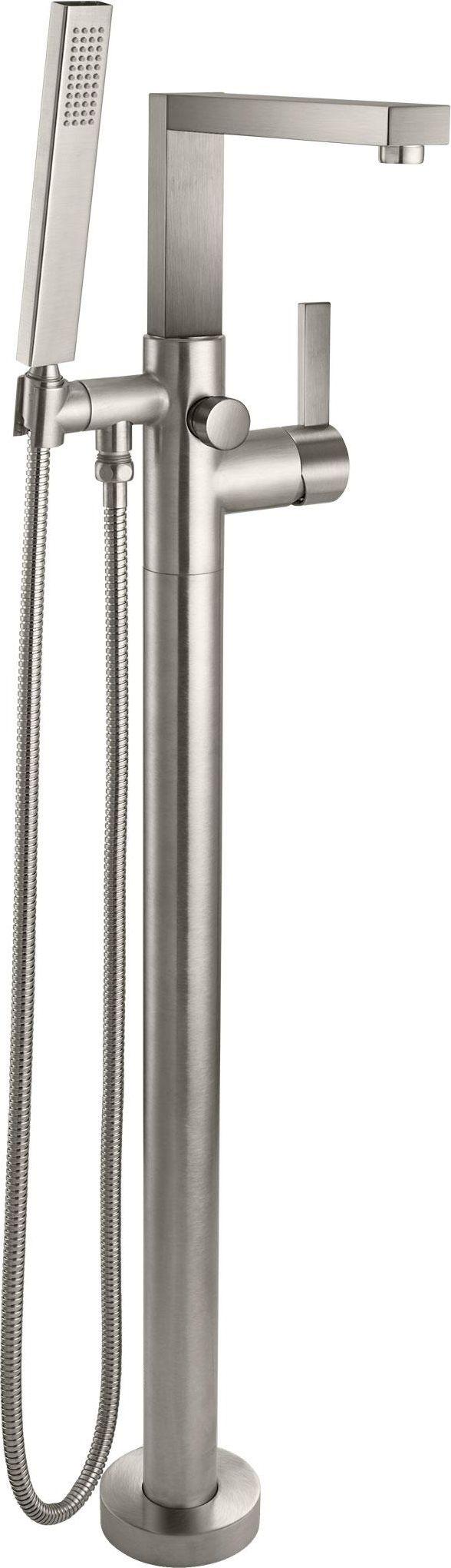 Polished chrome floor-mount tub filler with tall spout, hand shower with hose, and single lever handle.