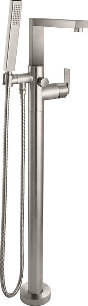 Satin bronze floor-mount tub filler with tall cylindrical body, hand shower with hose, and overhead spout.