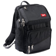 Black backpack with multiple zippered compartments, padded straps, and Milwaukee brand logo on front pocket.