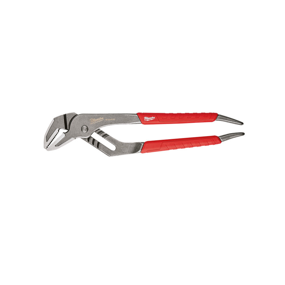 Milwaukee 12-inch straight jaw pliers with gray metal body and red grip handles.
