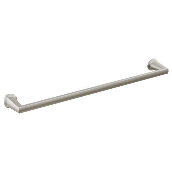 Brushed nickel towel bar with curved mounting brackets on each end.