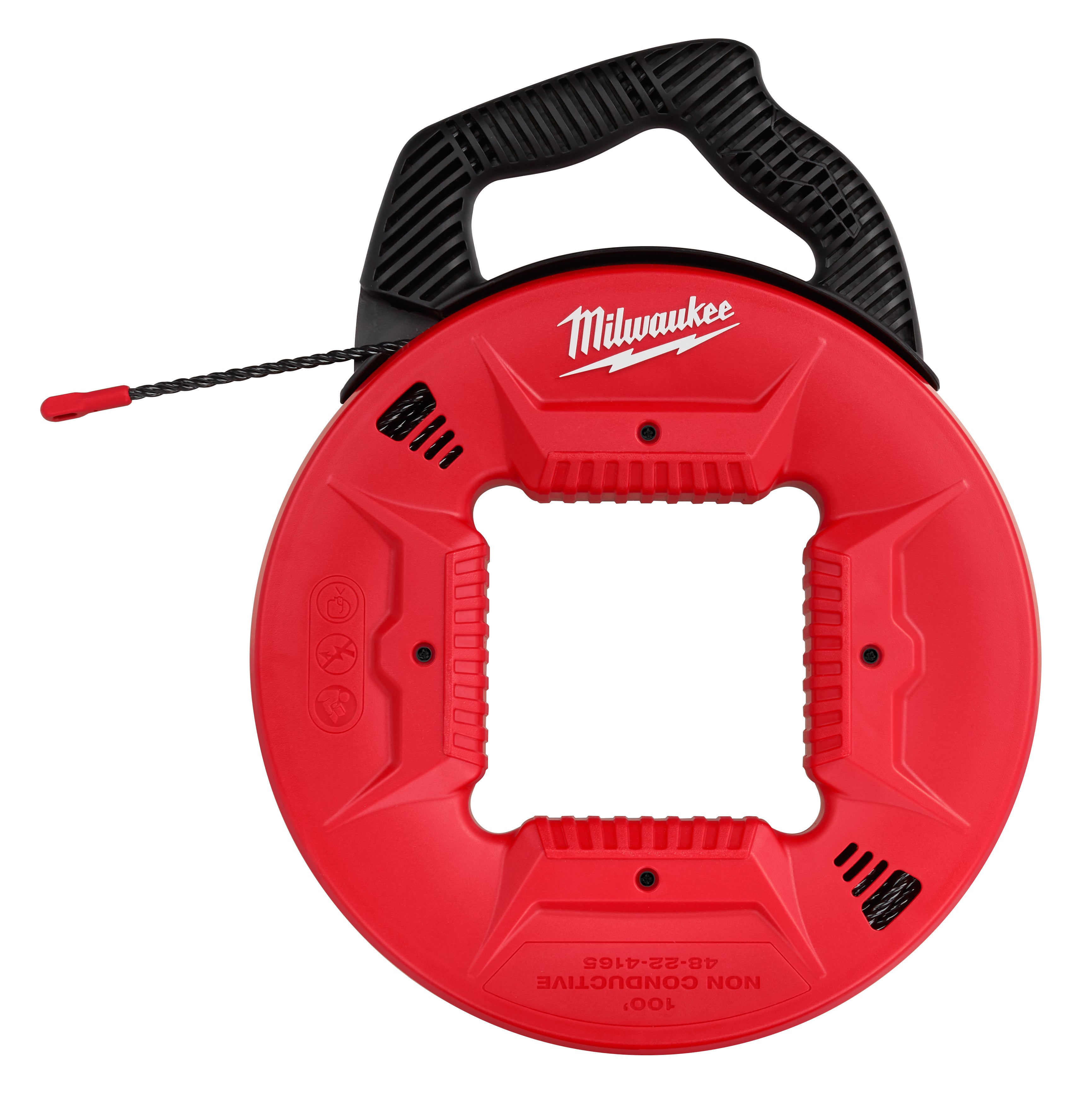 Red circular fish tape reel with black handle and twisted black polyester tape with red tip extended.