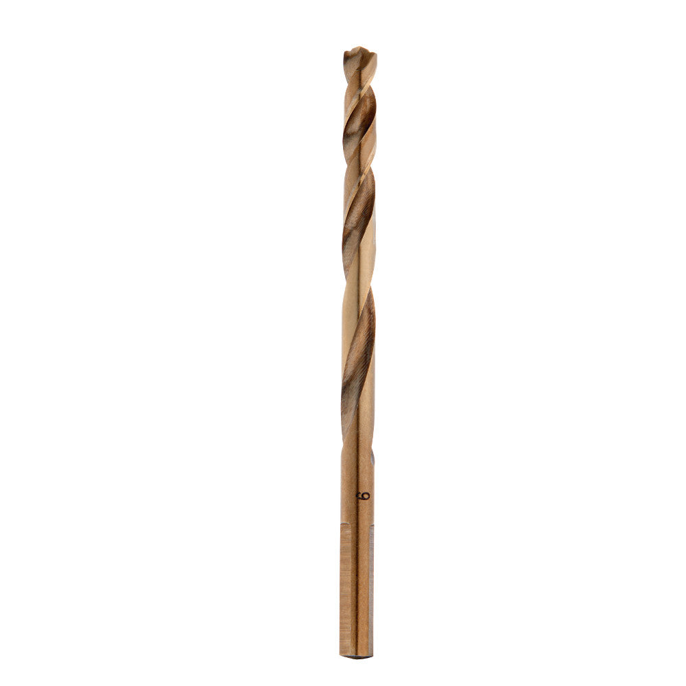 Cobalt twist drill bit with bronze-colored shaft and sharp point tip on white background.