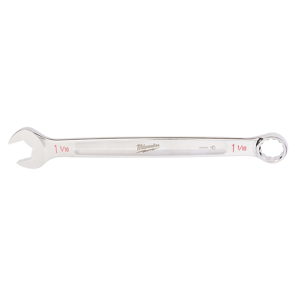 Silver combination wrench with open end on left and closed ring end on right, marked 1-1/16" on both ends.