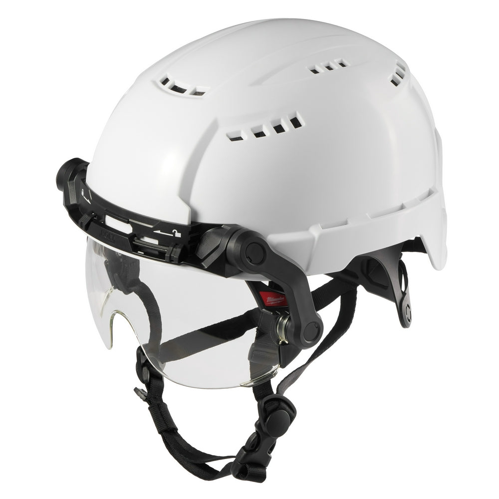 Clear plastic visor attached to white safety helmet with black adjustable straps and mounting hardware.