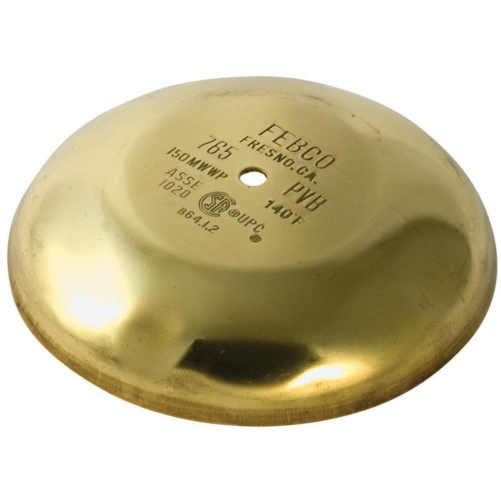 Brass dome-shaped vacuum breaker canopy with embossed FEBCO text and specifications on top surface.