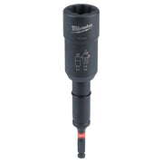 Milwaukee Shockwave black utility socket with hexagonal opening, size markings, and red impact-rated bit tip.