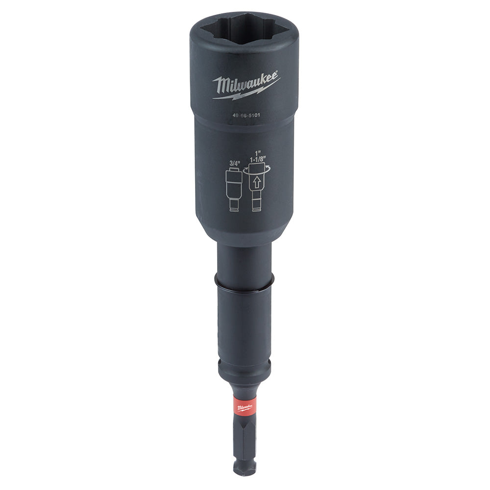 Milwaukee Shockwave black utility socket with hexagonal opening, size markings, and red impact-rated bit tip.