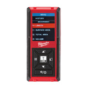 Red and black Milwaukee laser distance meter with digital display showing menu options for length, surface area, total area, 