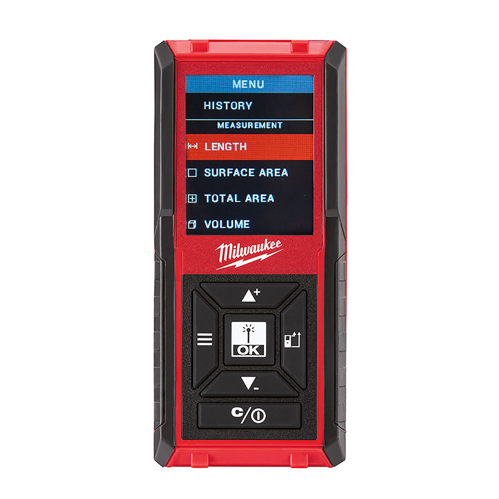 Red and black Milwaukee laser distance meter with digital display showing menu options for length, surface area, total area, 
