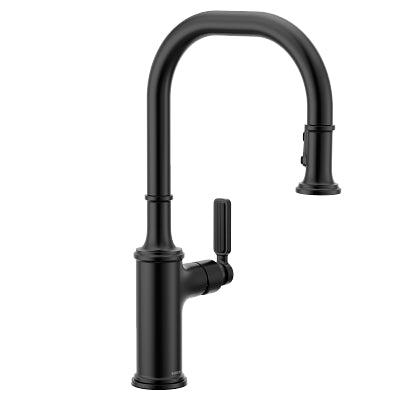 Black pull-down kitchen faucet with high arched spout and single lever handle.