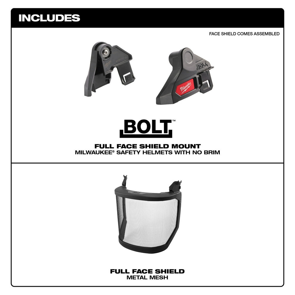 Milwaukee BOLT full face shield with black metal mesh guard and mounting brackets for safety helmets.