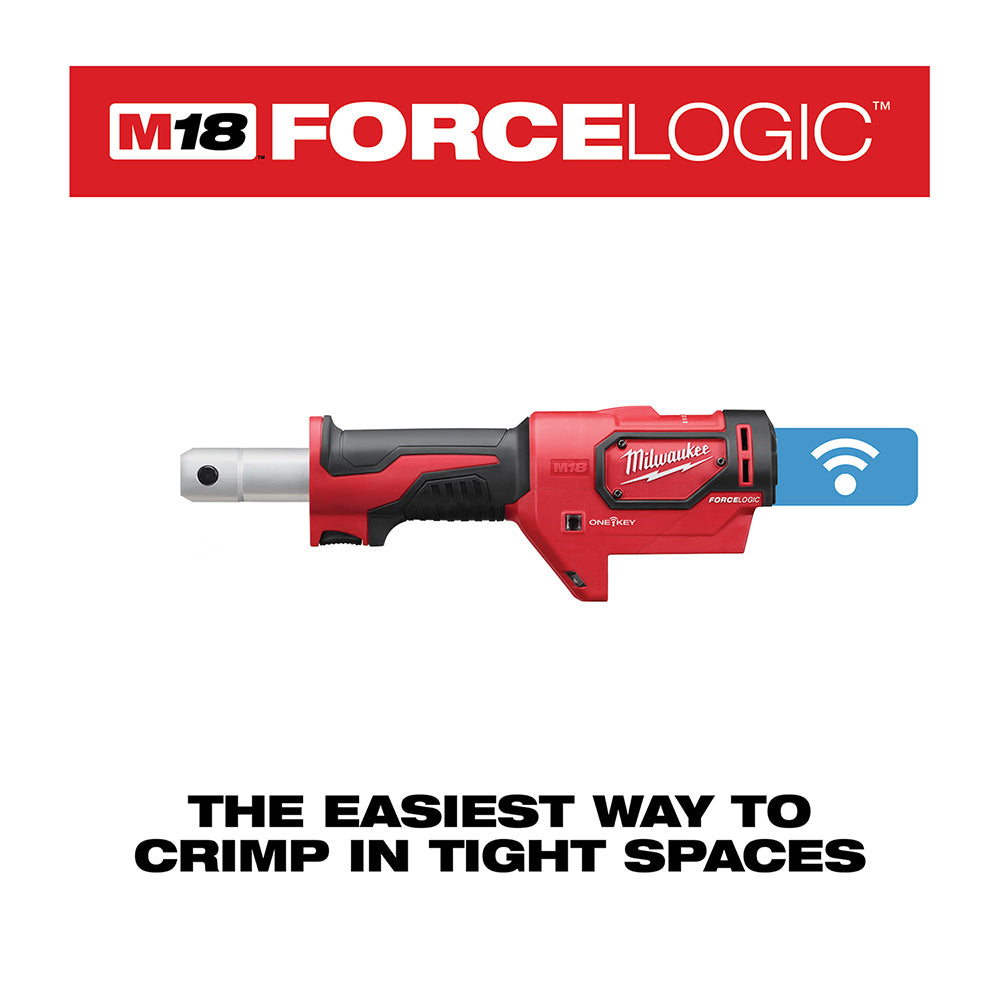 Red and black Milwaukee M18 FORCE LOGIC utility crimper with wireless connectivity icon and cylindrical crimping head.