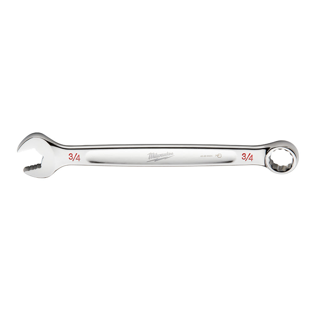 Silver combination wrench with open end on left and 12-point ring end on right, marked "3/4" on shaft.