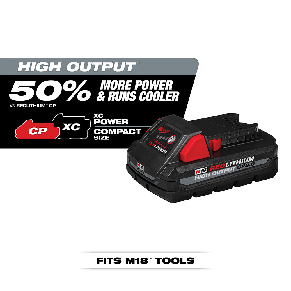Milwaukee M18 REDLITHIUM HIGH OUTPUT CP3.0 battery pack with black and red casing.