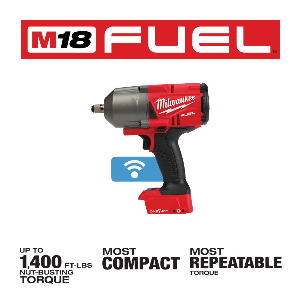 Milwaukee M18 FUEL 1/2-inch high torque impact wrench with red and black housing and ONE-KEY connectivity icon displayed.