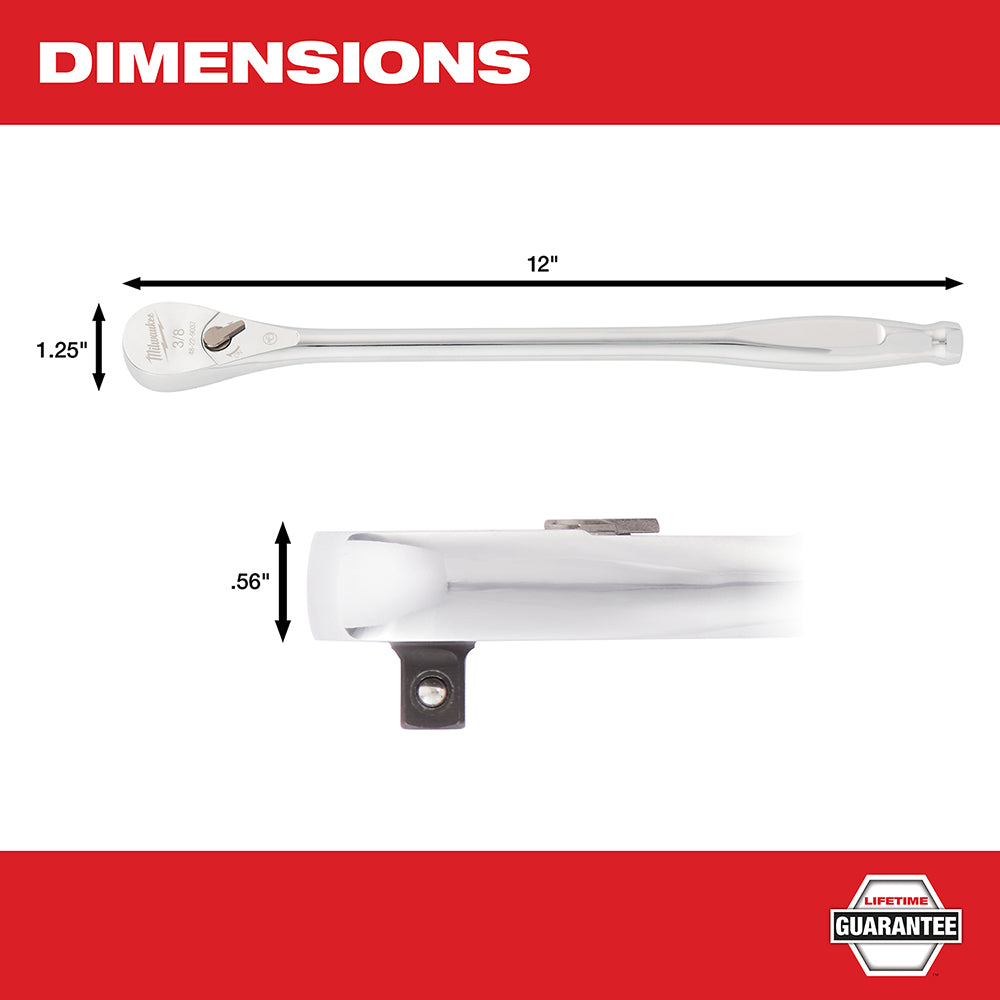 Milwaukee 3/8" drive ratchet with 12" length and 1.25" head width, shown from top and side views.
