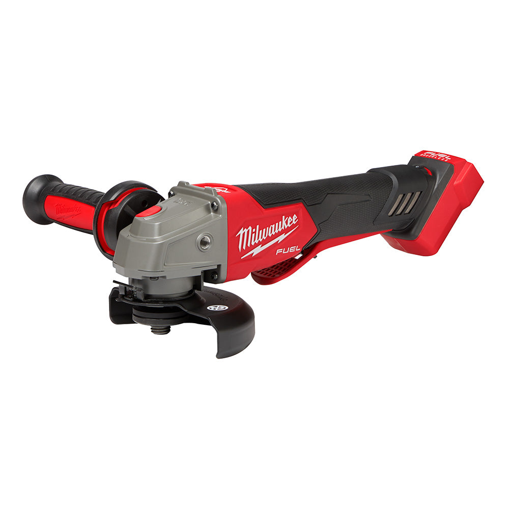 Milwaukee M18 FUEL angle grinder with red and black housing, gray gear head, and paddle switch trigger.
