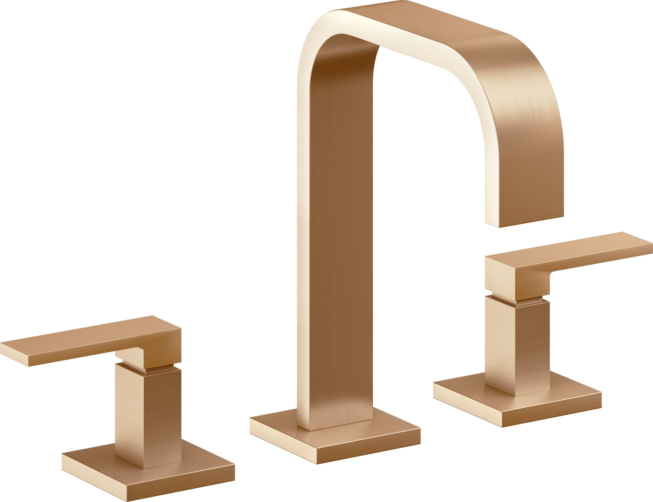 Satin bronze three-piece widespread lavatory faucet with tall curved spout and rectangular handles on square bases.