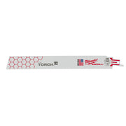 Milwaukee THE TORCH 9-inch Sawzall blade with 18 teeth per inch and red hexagonal pattern on gray steel body.