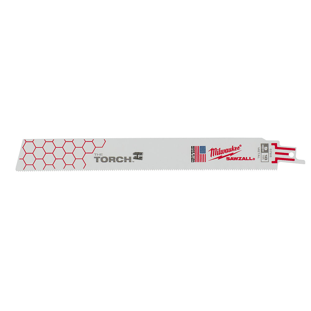 Milwaukee THE TORCH 9-inch Sawzall blade with 18 teeth per inch and red hexagonal pattern on gray steel body.