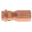 Copper press fitting reducer with 3/4" and 1/2" connection ports on polished metallic surface.