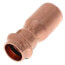 Copper reducer coupling with larger opening on left side and smaller opening on right side, cylindrical shape.