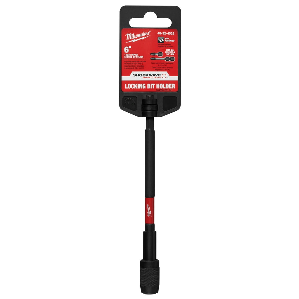 Milwaukee Shockwave 6-inch black impact locking bit holder with red accents and packaging displayed above.