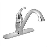 Chrome single-handle kitchen faucet with curved spout and wide base plate.