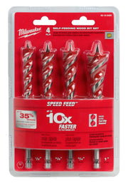 Four Milwaukee Speed Feed self-feeding wood bits in 1/2", 5/8", 3/4", and 1" sizes in clear clamshell packaging.