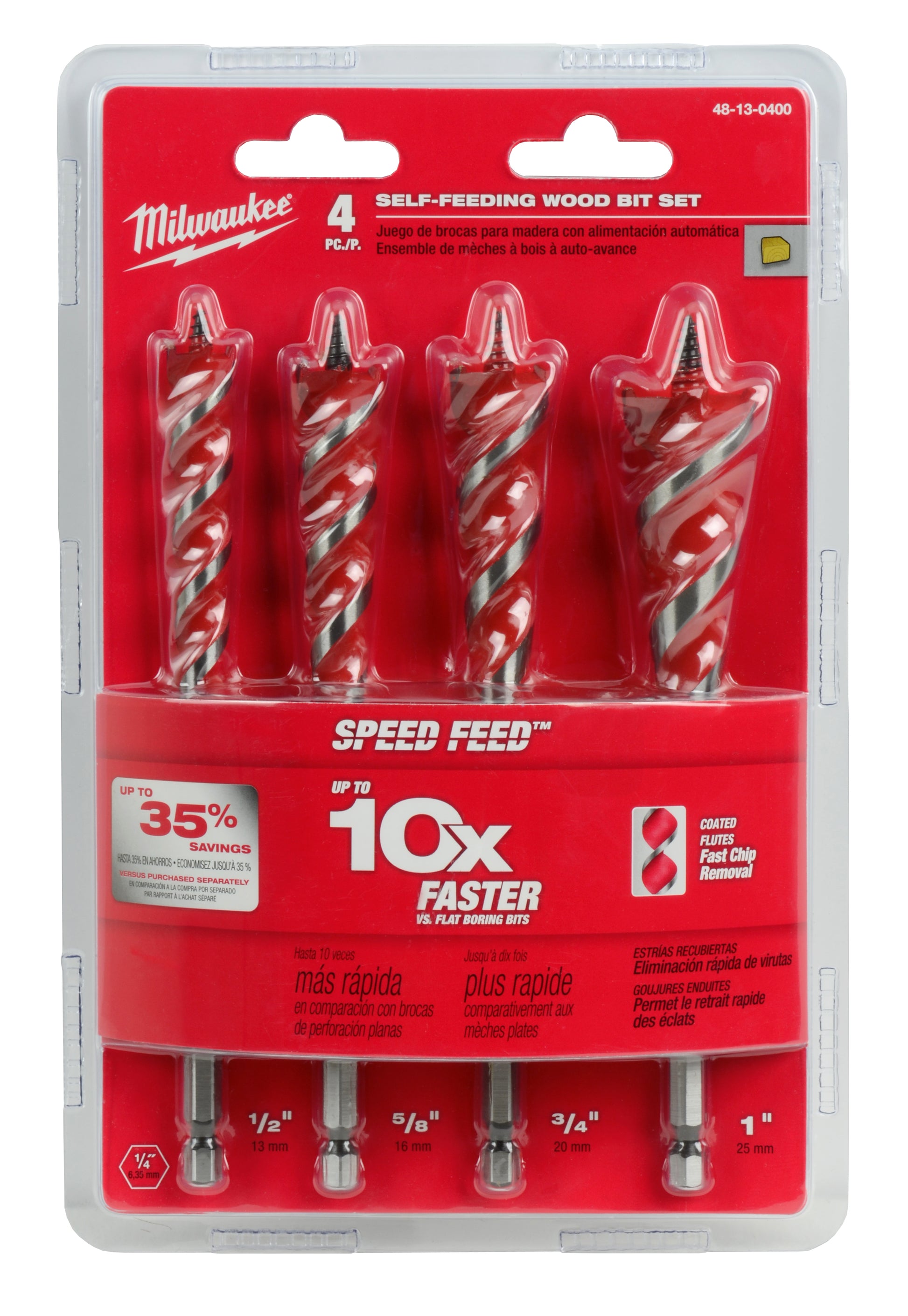 Four Milwaukee Speed Feed self-feeding wood bits in 1/2", 5/8", 3/4", and 1" sizes in clear clamshell packaging.