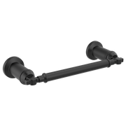 Matte black metal towel bar with cylindrical end caps and wall-mounted brackets.