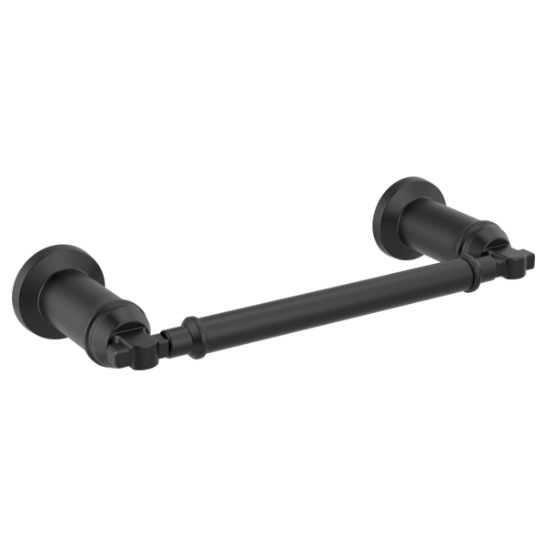 Matte black metal towel bar with cylindrical end caps and wall-mounted brackets.