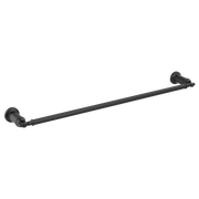 Matte black towel bar with decorative round end caps and wall-mounted brackets.