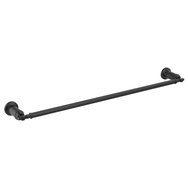 Matte black towel bar with decorative round end caps and wall-mounted brackets.