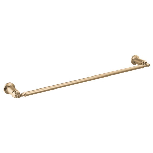 Champagne bronze towel bar with decorative circular wall brackets at each end.