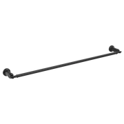 Matte black metal towel bar with decorative round wall-mounted brackets on each end.