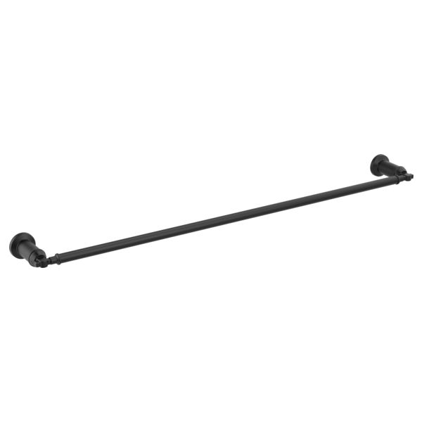 Matte black metal towel bar with decorative round wall-mounted brackets on each end.